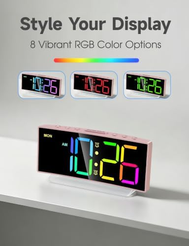 Cadmos Modern Curved Cute Digital Alarm Clock,Colorful Led Display,Adjustable Volume,Weekday/Weekend Mode,Simple Clock for Bedrooms Bedside,Ok to Wake Up for Girls,Kids,Teens (Pink+Dynamic)