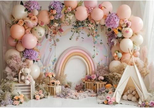 Newborn Baby 1st Birthday Photography Backdrop - Balloons Tent Flower Decor Background for Kids Birthday Party Baby Shower Portrait Cake Smash Props (6x4ft) - size: 6x4ft