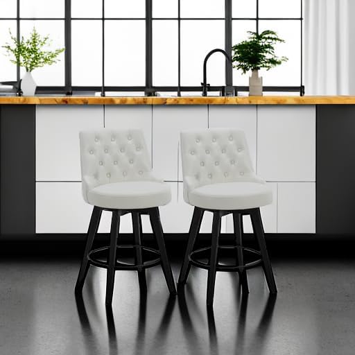 Watson & Whitely Modern Swivel Bar Stools, Faux Leather Upholstered Counter Height Bar Stool with Back, Solid Wood Legs, 26" H Seat, Set of 2, White