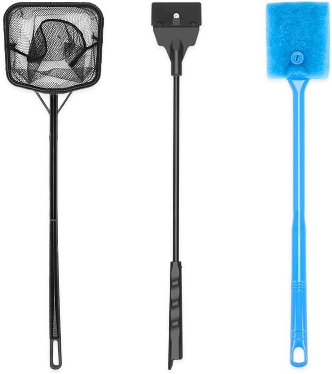 Lanswood Fish Tank Cleaner, Aquarium Cleaning Tools Set of 3 Pieces, Include Algae Scraper for Glass Aquariums Fish Net for Fish Tank Aquarium Brush Suitable for Saltwater and Freshwater Aquarium