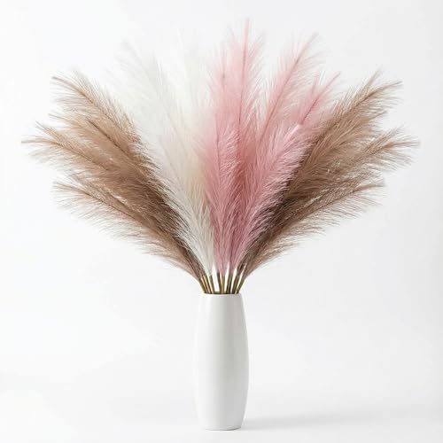 Pampas Grass Decor 30pcs 21.7 Inch, Faux Pampas Grass White Pink Brown Artificial Dried Flowers Fluffy No Shedding for Boho Wedding Home Bedroom Vase Filler - size: White Pink Brown