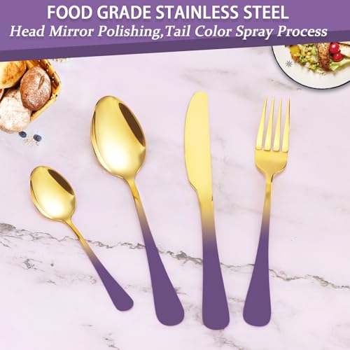 24 Pieces Flatware Set, Stainless Steel Cutlery Set with Silverware Holder, Modern Gold Silverware Set Includes Dinner Knives Forks Spoons,Hanging Silverware Set Service for 6 (Purple) - color: Purple