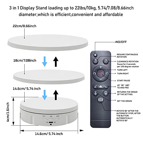 JAYEGT 3in 1 Motorized Rotating Display Stand with 5.74 /7.08/ 8.66 inch Replacement Cover，Max 22lbs Load , 360 Electronic Turntable for Photography Products (3 in1 / White/ With Remote controller) - color: White