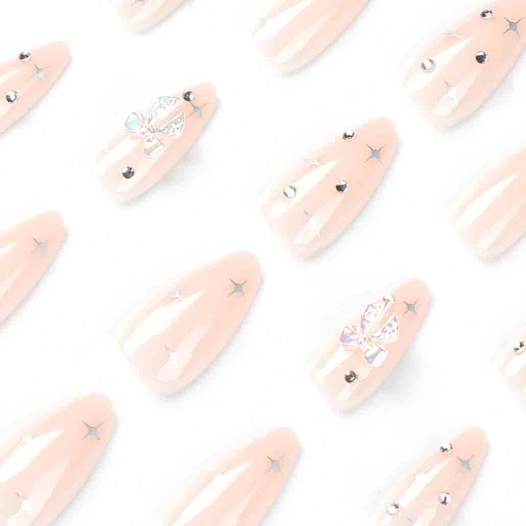 Foccna Clear Press on Nails Medium, Nude Fake Nails Almond Acrylic False Nails,Artificial Glue on Nails for Women and Girls,24 pcs