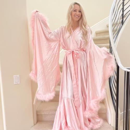 Feather Silk Satin Bridal Robe Long Wedding Scarf Illusion Bathrobe Sleepwear for Women Sexy Lingerie Nightgown - color: Teal, size: Large-X-Large
