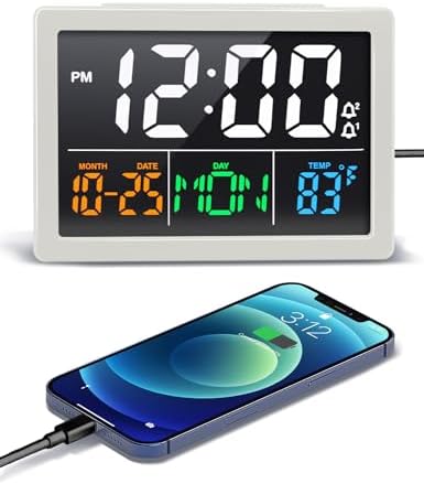 JALL Digital Clock with Date Day for Seniors, Electric Alarm Clocks for Bedrooms with Temperature, 2 Alarms, Dimmer, Dual USB Charger, Battery Backup, Volume Control, Snooze, Bedside Desk Clock, White