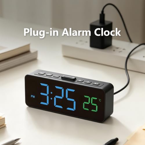 Netzu 2-in-1 Digital Alarm Clocks for Living Room Bedroom | Small Clock with Temperature & Time Display, 4 Levels & off Birghtness, 3 Volumes, Plug-in Use, Compact, Snooze