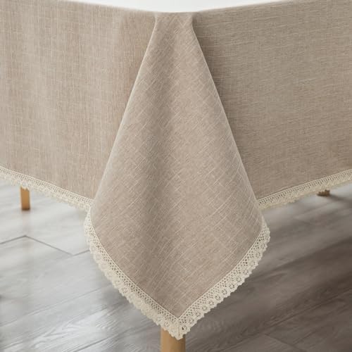 GLORY SEASON Lace Trim Tablecloth Linen-Look Textured Rustic Style Machine Washable Solid Heavy Weight Rectangle/Oblong Table Cloth Cover for Kitchen Dinning Tabletop Decoration 55x102 in Beige - size: 102" x 55" (Rectangular)