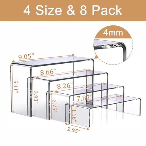 MerryNine Acrylic Risers Display Stands, 8 Pcs 2 Set Clear Acrylic Shelves, Plastic Display Risers for Retail, Vinyl Figures, Cupcake, Jewelry, Dessert Display, No Assembly, Scratch-Resistant (Rectangular-4mm-8pcs)