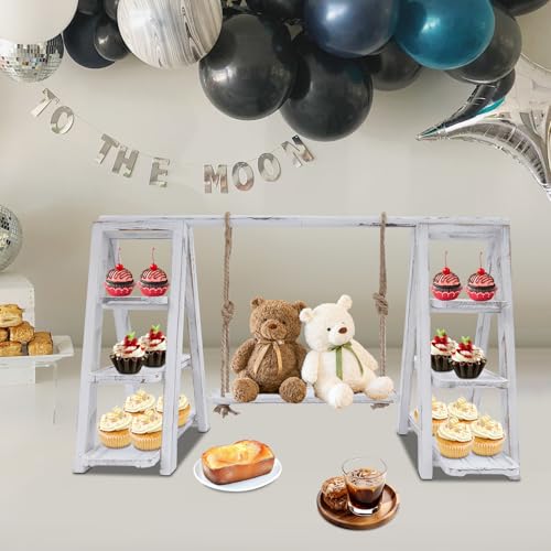 3 Tier Cupcake Stand 13.5in Wood Serving Tray Ladder with Removable Trays & Swing Plates, Foldable A-Shaped Table Display Set for Parties, Wedding, Home Decor