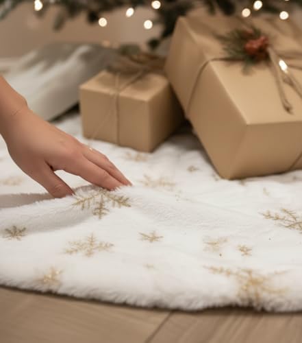 AOGU 36 Inch Sequin Faux Fur Christmas Tree Skirt Decoration for Merry Christmas Party White Plush Gold Sequin Snowflake Xmas Christmas Tree Skirt Decorations