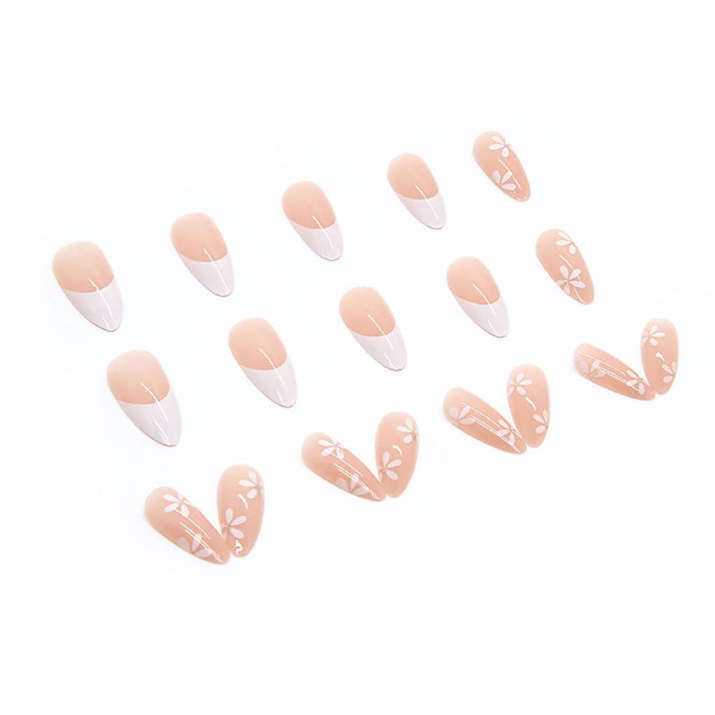 RikView French Tip Press on Nails Medium Fake Nails White Press on Nails with Flowers Design Almond Acrylic Nails