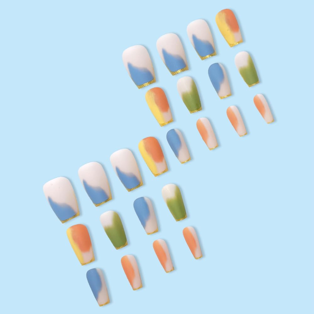 plalely Coffin Press on Nails Medium Gradient Fake Nail Golden Edge Acrylic Nail Press ons with Water Color Design Stick on Nail for Women 24pcs