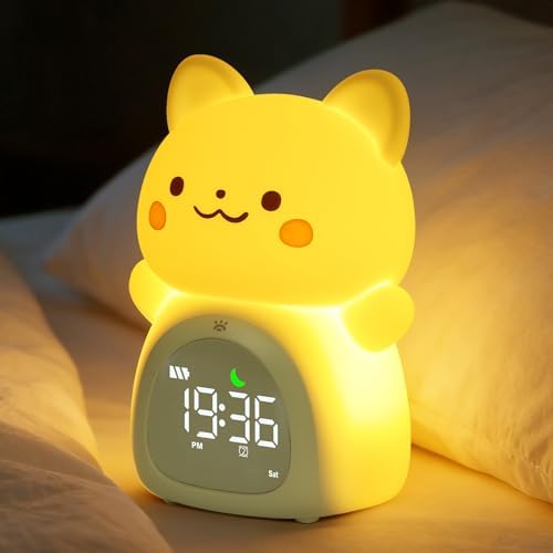 Cat Alarm Clock for Kids, Rechargeable Ok to Wake Clock with Night Light - BPA-Free Silicone Sleep Training Clock, Cute Toddler Wake Up Clock for Boys Girls Bedroom