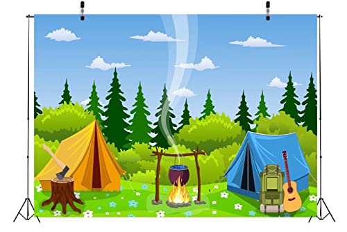 BELECO 7x5ft Fabric Camping Backdrop Cartoon Forest Scene Bonfire Campfire Party Camp Tent Little Lumberjack Birthday Banner Camper Backdrop Camping Theme Party Decoration Outdoor Adventure Photo Prop - size: 7x5FT