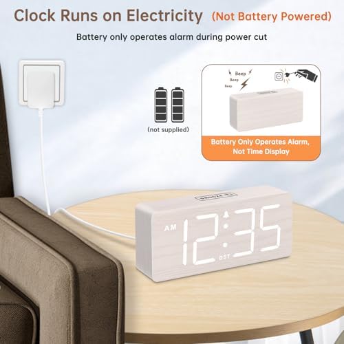 DreamSky Wooden Digital Alarm Clock for Bedroom with Large Numbers | Desk Clock for Living Room Office, Loud Alarm for Heavy Sleepers Adults, Volume Control, Dimmer, DST, Wood Decor (Plug-in)
