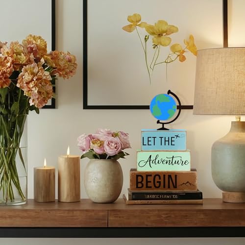 GlikCeil 4 Pcs Adventure Awaits Tiered Tray Decor Earth Day Adventure Wood Table Decoration Travel Party Centerpieces for World Bon Voyage Travel Around The World Party Home Office Desk Shelf Decors - style: Earth