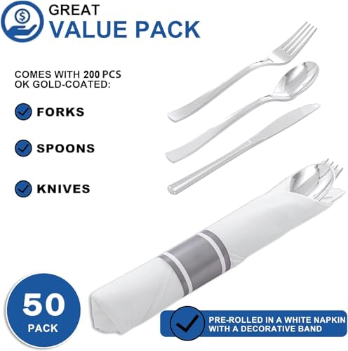 50Guests Pre Rolled Silver Plastic Silverware Sets - Heavy Duty Silver Cutlery - Include 50 Pack Wrapped Disposable Utensils with Napkins for Parties & Dinners & Weddings - color: 50Pack - Silver