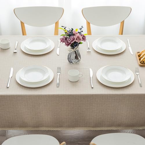 GLORY SEASON Lace Trim Tablecloth Linen-Look Textured Rustic Style Machine Washable Solid Heavy Weight Rectangle/Oblong Table Cloth Cover for Kitchen Dinning Tabletop Decoration 55x102 in Beige - size: 102" x 55" (Rectangular)