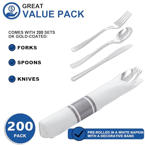 200Guests Pre Rolled Silver Plastic Silverware Sets - Heavy Duty Silver Cutlery - Include 200 Pack Wrapped Disposable Utensils with Napkins for Parties & Dinners & Weddings - color: 200Pack - Silver