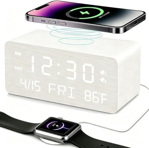 Premium White Wooden Digital Alarm Clock with Wireless Phone Charger, USB Charging Ports, Dimmable LED Display, Date & Day of Week, Temperature, Digital Desk Clock for Bedroom Nightstand Bedside Table