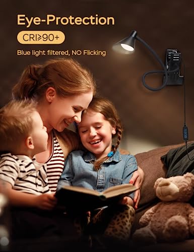 LiFMIRA Clip on Light USB Reading Light 3 Color Modes 10 Brightness Levels Eye Care Clamp Light Flexible Gooseneck Dimmable Reading Lamp Clip on Lamp for Bed Headboard Desk Bedside Dorm (Black) - color: Black