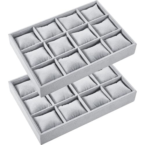 Henoyso 2 Pieces 12 Grid Velvet Watch Tray Jewelry Organizer Stackable Watch Bracelet Bangle Display Holder Adjustable Pillow (Gray) - color: Gray, size: 12 Grid