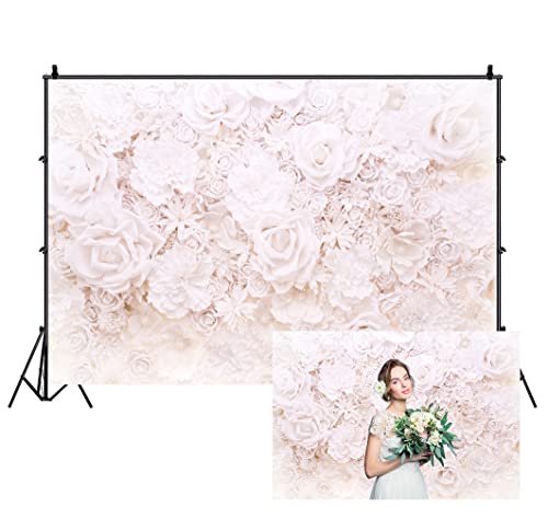 AOFOTO 12x8ft White Flowers Wall Backdrop Elegant Roses Romantic Wedding Bridal Shower Photography Background Baby Shower Party Valentines Mother's Day Photo Banner Studio Props Wallpaper - size: 12x8ft