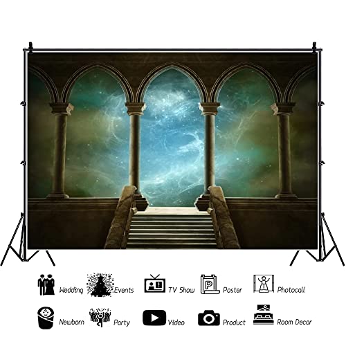 9x6ft Wedding 3D Render Backdrops Fantasy Starry Sky from Ancient Arches Background Mediaeval Gallery Temple Castle Marble Stone Column Staircase Photo Props FZNBK05955 - size: 9x6ft