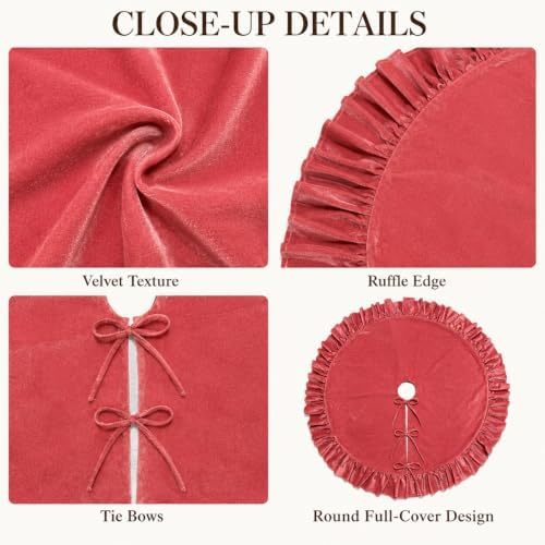 Christmas Tree Skirt,Velvet Tree Skirt with Ruffled Edge, Classic Large Velvet Fur Plush Tree Skirt for Merry Christmas(Rosered,36Inch)