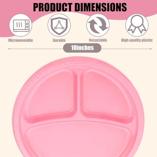Umigy 100 Pcs 10 Inch 3 Compartments Divided Plastic Plates Bulk Colorful Disposable Heavy Duty Round Dinnerware for Party Valentine Wedding Birthday(Pink) - color: Pink