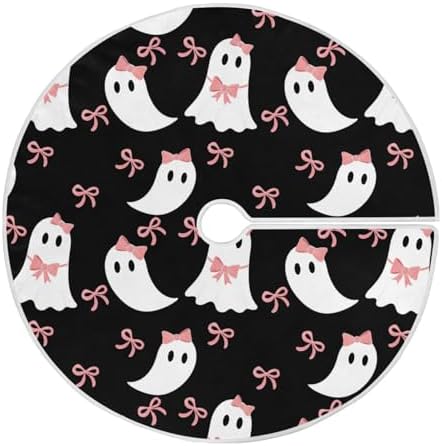 Dussdil Halloween Christmas Tree Skirt Decoration, Large Tree Skirt Ornament 48 Inch with Halloween Ghost Bow Xmas Tree Skirts Seasonal Round Tree Stand Mat for House Party Indoor Home Office Decor