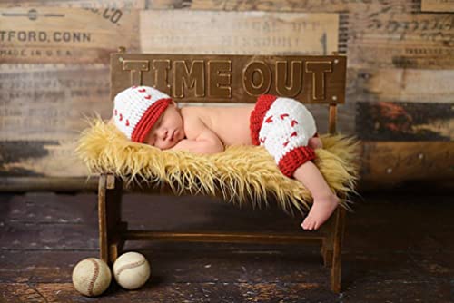 Newborn Baby Photo Shoot Props Girl Boy Crochet Knit Hat Costume Stripe Hat Pants Overalls Photography Props - color: Red and White