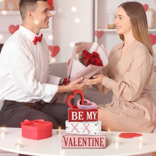 GlikCeil 4 Pcs Valentine's Day Table Sign Tiered Tray Decor Valentine's Day Love Heart Table Wood Block Decorations Centerpieces Farmhouse Rustic Hug and Kisses Decor for Home Office Desk Shelf Supply - style: Love