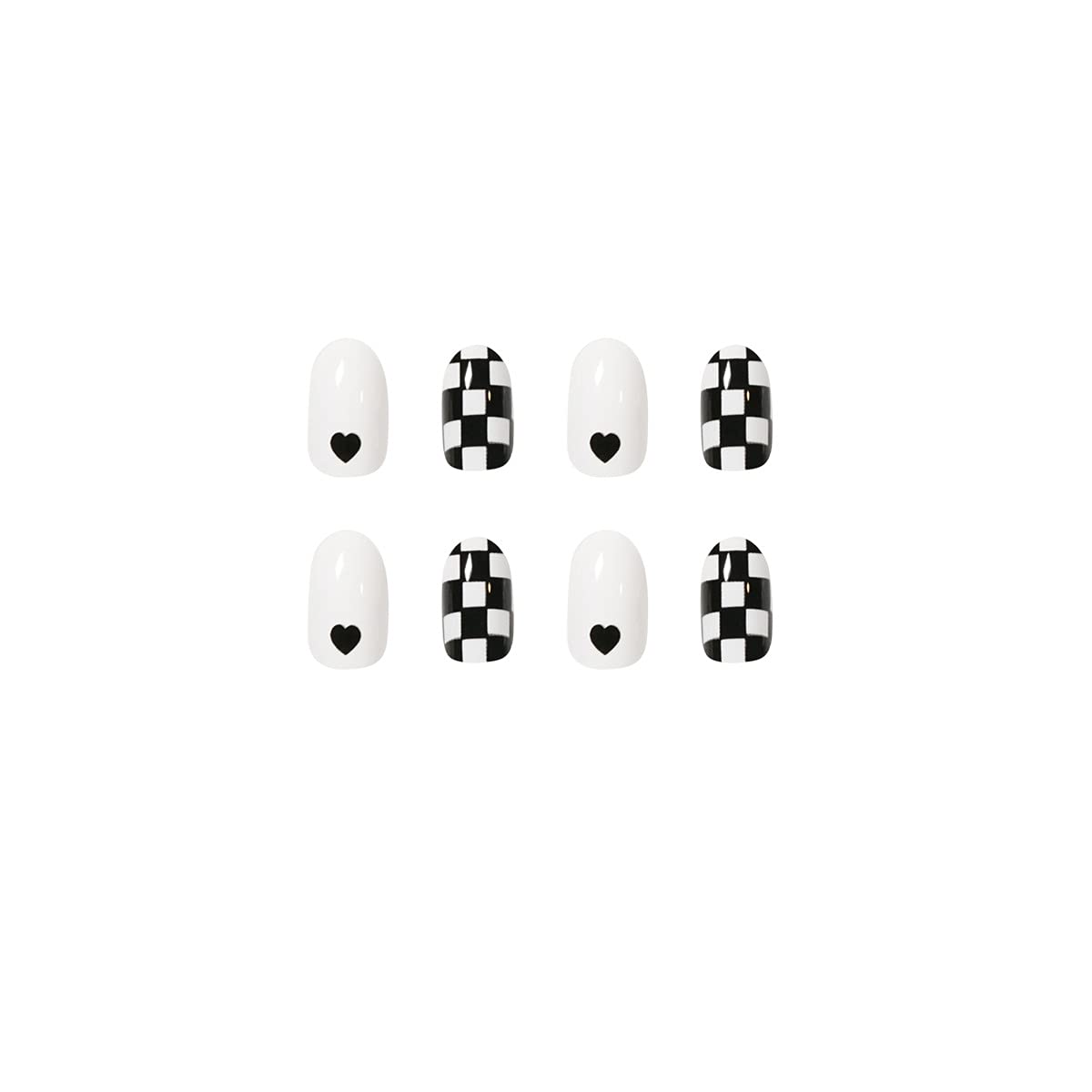 MISUD Press on Nails - Short Oval Glue on Nails with Black White, Acrylic Checkered Design 24 pcs