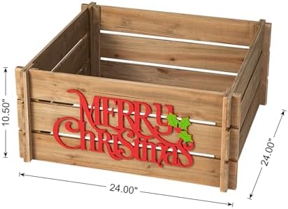 Glitzhome 24" L Christmas Tree Collar, Natural Wooden Merry Christmas Solid Wood Crate Tree Base Cover Farmhouse Tree Collar Christmas Tree Skirt for Artificial Trees