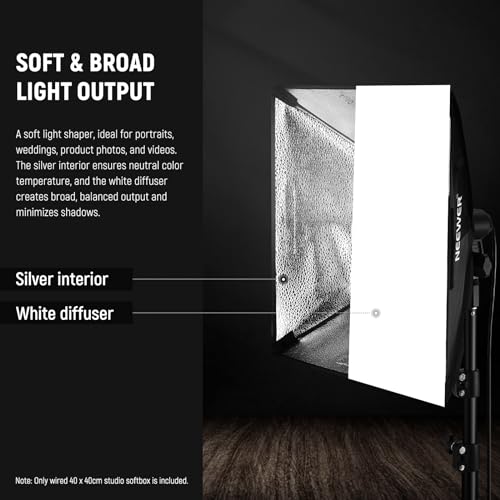 NEEWER 16x16in/40x40cm Softbox with E26 Porcelain Socket/Power Cord/White Diffuser/Stand Adapter, Durable Nylon Softbox Lighting Modifier for Studio Photography Lighting, SF4040 (US Plug) - size: 40X40cm