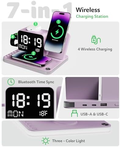 Acer 7-in-1 Wireless Charging Station with LED Clock - 30W Fast Wireless Charger for iPhone 16/15/14/13/12/Pro Max, Apple Watch, AirPods - Bluetooth Auto Time Sync & Night Lights (Purple)