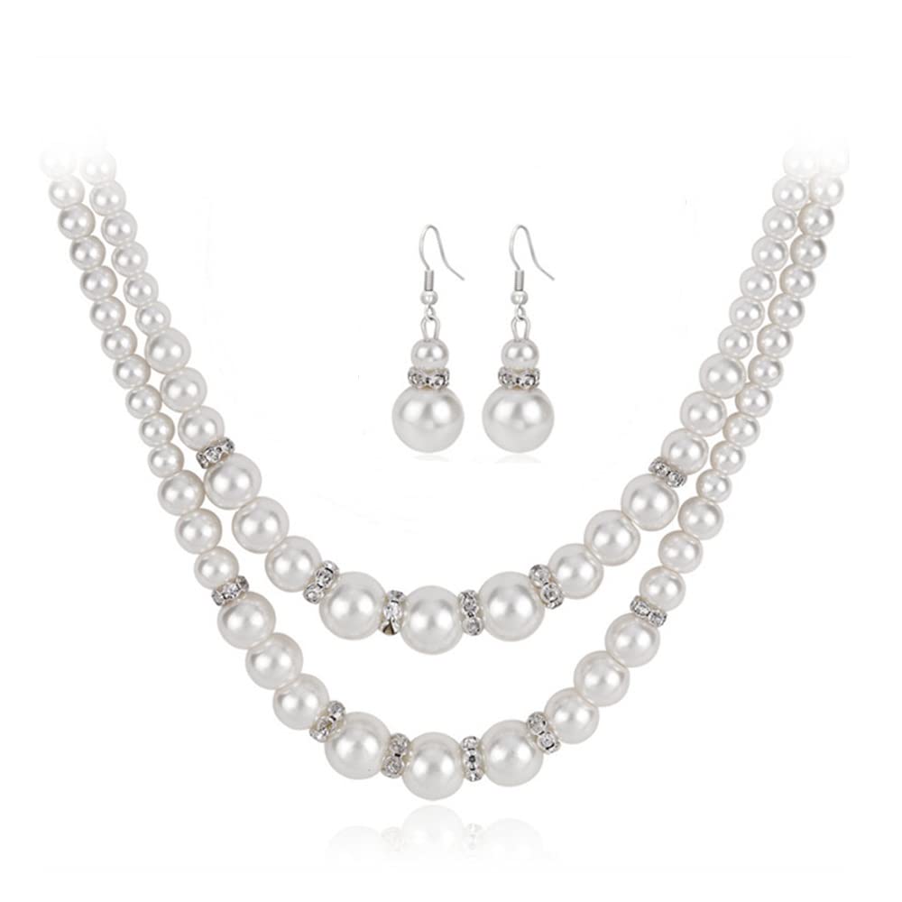 tenghong2021 Fashion Classic Faux Pearl Jewelry Set Necklace Bracelet Earrings for Women Best Gift (White Double Layered)