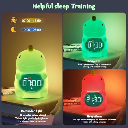 Kids Alarm Clock, Ok to Wake Clock for Kids, Toddlers Night Light Clock for Bedroom, Dinosaur Alarm Clock with Sleep Training and Sound Machine, Birthday Gift for Boys Girls Children
