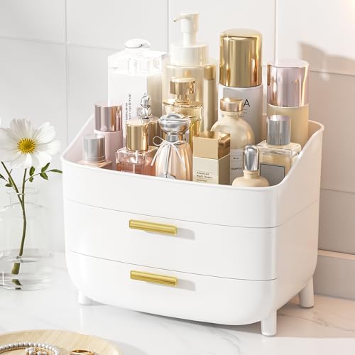 Vtopmart 3-Tier Skincare Makeup Organizer with Drawers for Vanity and Bathroom Countertop, Large Cosmetic Storage Box Case for Dresser, with Non-Slip Base - style: no Lids