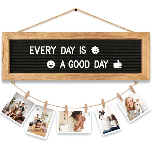 CJIAWYS Picture Frames Collage Wall Decor Picture Frames for Wall, Felt Letter Board with 340 Letters and 15 Clips, Unique DIY Photo Frames, Gifts for Teen Girls Ages 10 11 12 13 Years Old Christmas - color: Oak Frame and Black Felt (1 Hemp Ropes)