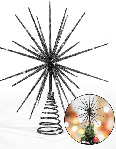 13.7 Inch Black Christmas Tree Topper - 3D Burst Black Tree Topper, Exploding Star Christmas Tree New Year Holiday Tree Decoration