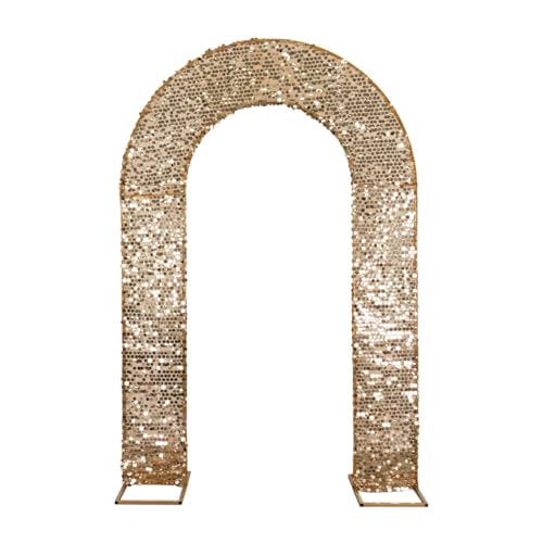 8 feet Gold Big Payette Sequin Fitted Double-Sided U-Shaped Wedding Arch, Round Top Chiara Stand Cover, Spandex Shimmer Tinsel Open Arch Backdrop Stand Cover Wedding Party Reception Decorations