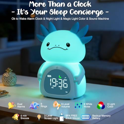 Axolotl Alarm Clock for Kids, Rechargeable Ok to Wake Clock with Night Light - BPA-Free Silicone Sleep Training Clock, Cute Toddler Wake Up Clock for Boys Girls Bedroom