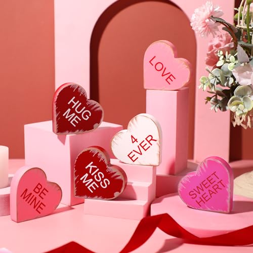 6 Pieces Valentine's Day Wooden Signs Colorful Heart Shaped Wood Tabletop Decor Valentine Tiered Tray Decor Love You Be Mine Kiss Me Table Centerpieces for Valentine (Rustic Style,2.7 x 2.7 x 0.6 In) - color: Rustic Style, size: 2.7 x 2.7 x 0.6 In