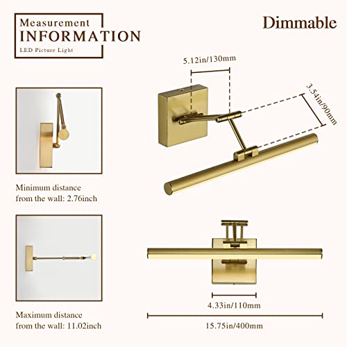Joossnwell LED Picture Lights for Paintings Dimmable 15.5 Inch Long Hard-Wired Picture Frame Lights Brass Gallery Wall Light with Adjustable Swing Arm Art Display Lamps 7W 3000K Warm White - color: Hard-Wired Brass, size: Dimmable 15.51inch