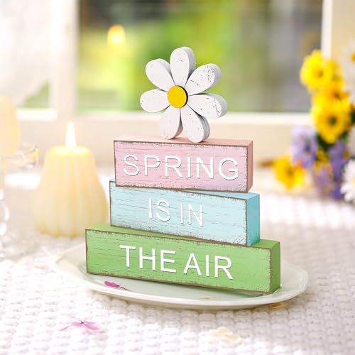 GlikCeil 4 Pcs Spring Table Decoration Daisy Wooden Block Sign Daisy Spring Table Decor Centerpieces Farmhouse Rustic Tiered Tray Tabletop Decor for Home Office Desk Kitchen Shelf Decors - style: Daisy