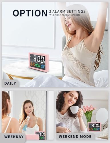 JALL Digital Clock with Date Day for Seniors, Electric Alarm Clocks for Bedrooms with Temperature, 2 Alarms, Dimmer, Dual USB Charger, Battery Backup, Volume Control, Snooze, Bedside Desk Clock, Pink
