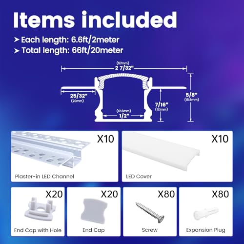 Muzata 10Pack 6.6ft/2M Plaster in LED Channel Trimless Recessed LED Strip Diffuser Channel Spotless Deeper Wider for Drywall Ceiling Wall U117 WW 2M - size: 10Pack*2M/6.6FT